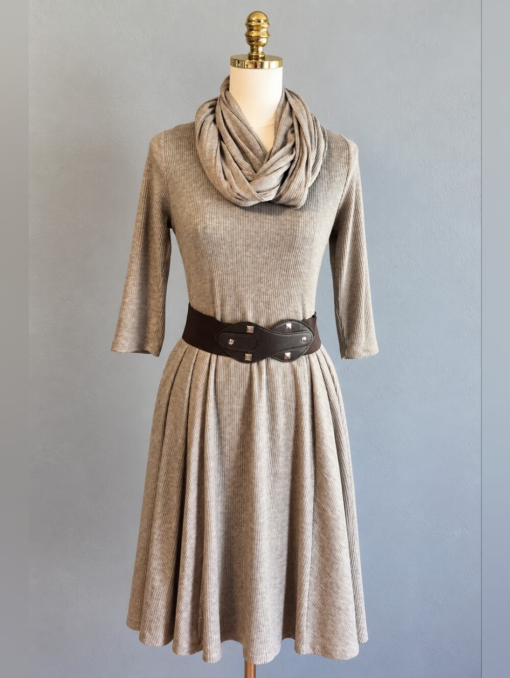 Robbie Bee Medium Ribbed Knit Cowl Neck Fit & Flare Sweater Dress Belted
